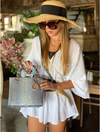 Silver Python Leather Handbag – Luxury Snakeskin Bag with Top Handle BG-387