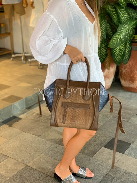 women snake leather handbag brown navy brown and navy python leather shoulder bag