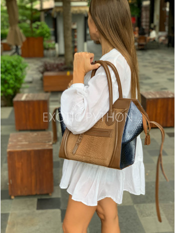 Women’s Snake Leather Bag in Brown & Navy – Elegant Python Shoulder Bag BG-388