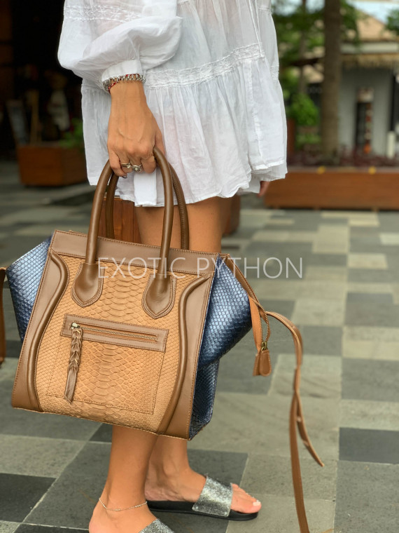 women snake leather handbag brown navy brown and navy python leather shoulder bag