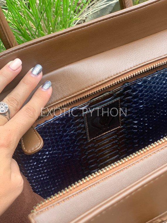 women snake leather handbag brown navy brown and navy python leather shoulder bag