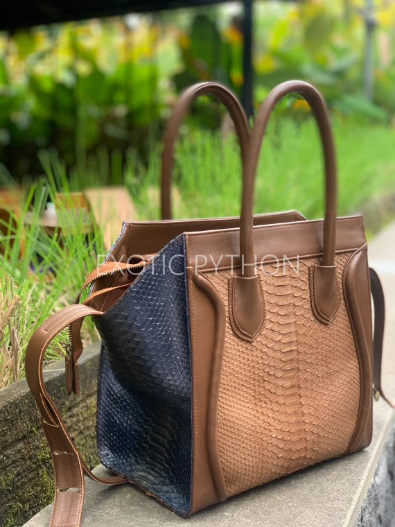 women snake leather handbag brown navy brown and navy python leather shoulder bag