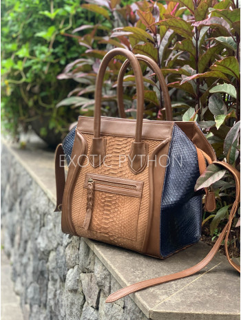 Women’s Snake Leather Bag in Brown & Navy – Elegant Python Shoulder Bag BG-388