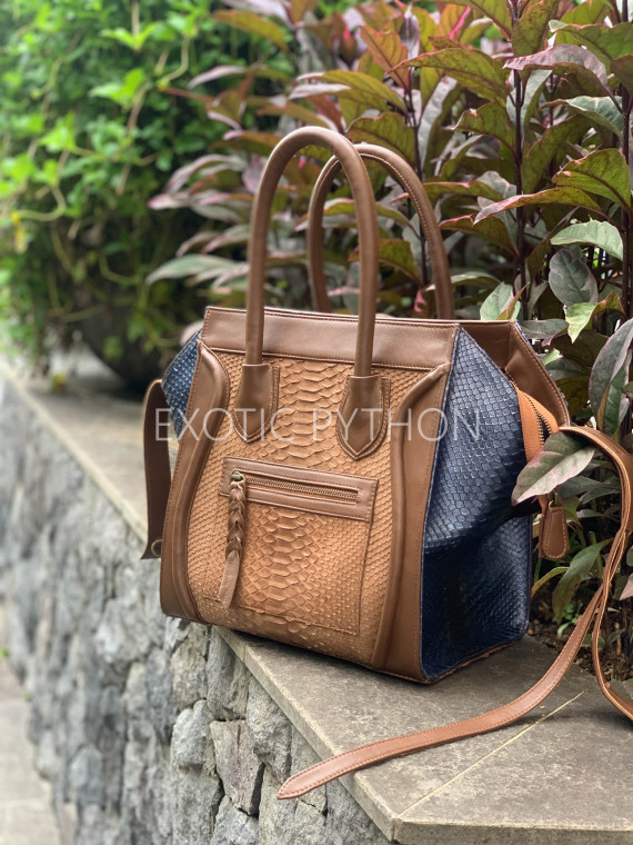 women snake leather handbag brown navy brown and navy python leather shoulder bag