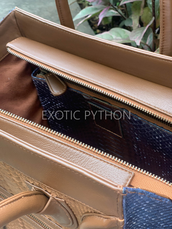 women snake leather handbag brown navy brown and navy python leather shoulder bag