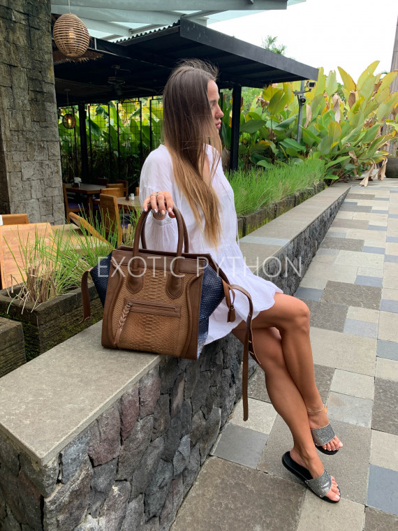 women snake leather handbag brown navy brown and navy python leather shoulder bag