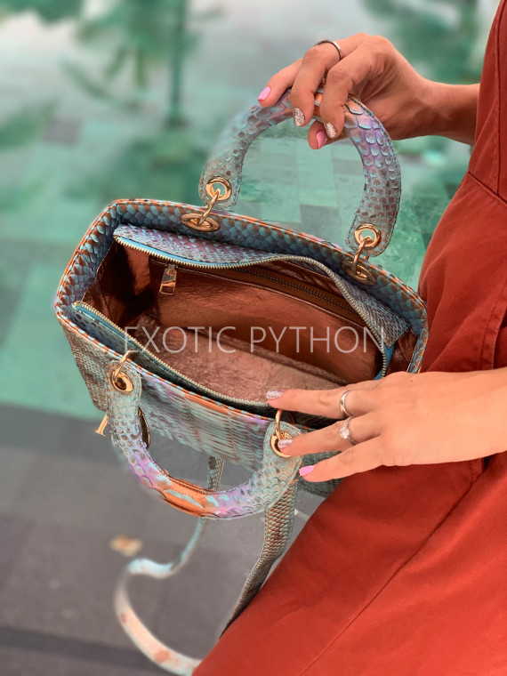 iridescent python leather handbag turquoise gold