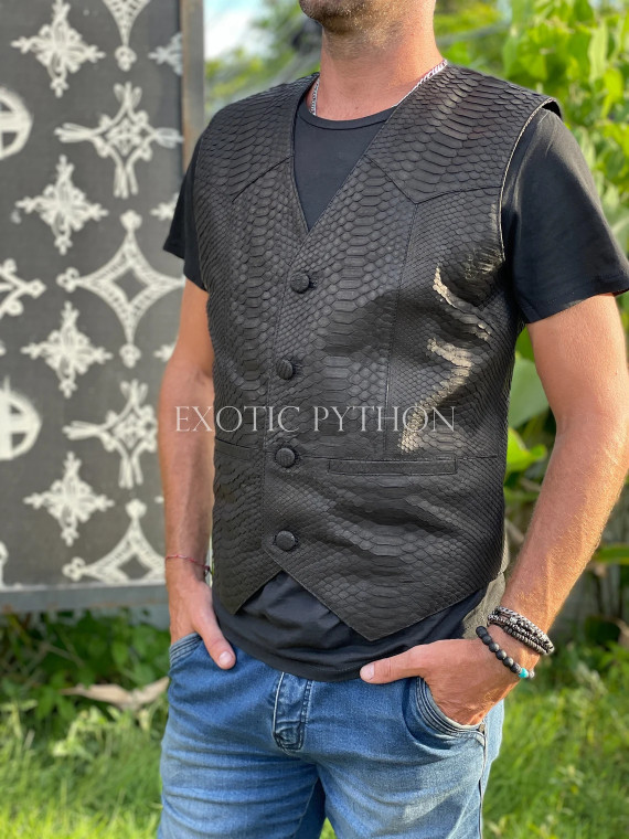 Mens black leather vest JT-103