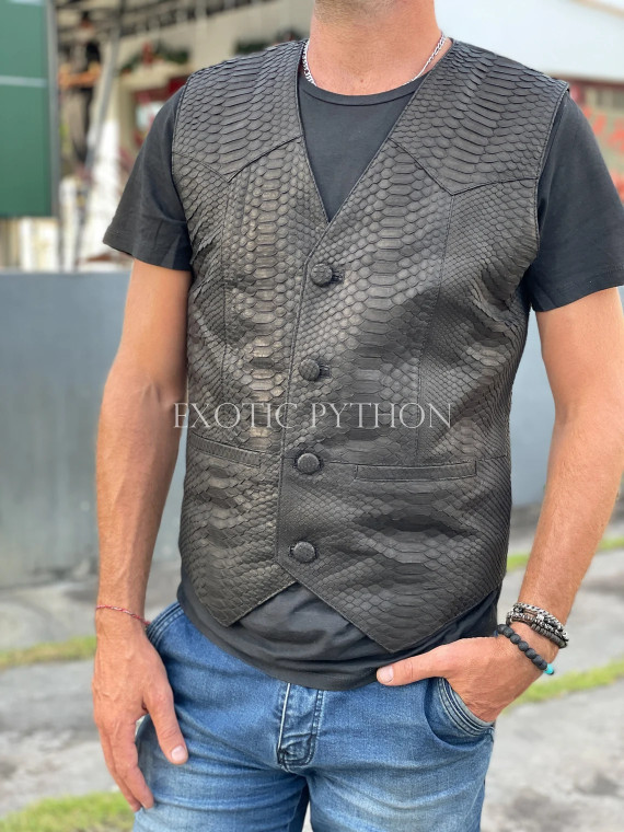 Mens black leather vest JT-103