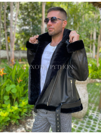 Men's black leather jacket with fur lining JT-104