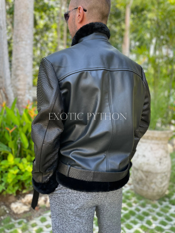 Men's black leather jacket with fur lining JT-104