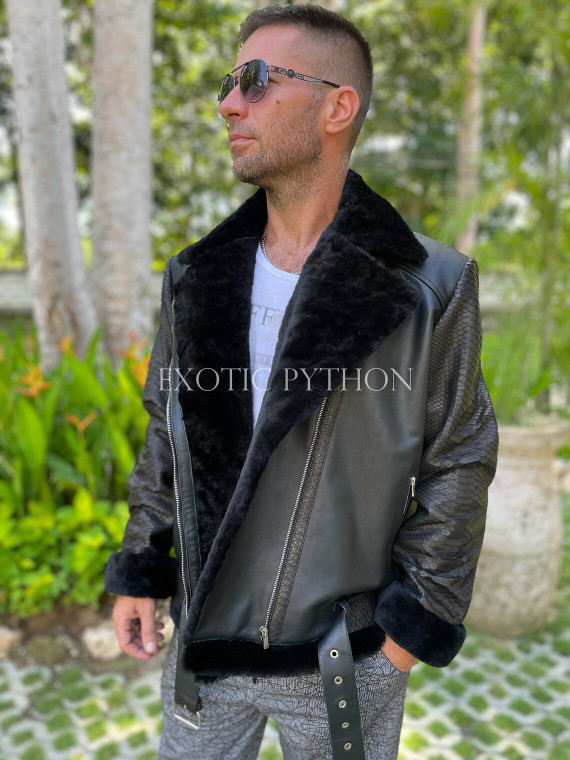 Men's black leather jacket with fur lining JT-104