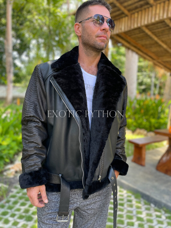 Men's black leather jacket with fur lining JT-104