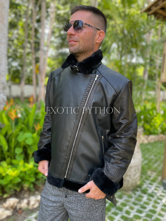 Men's black leather jacket with fur lining JT-104