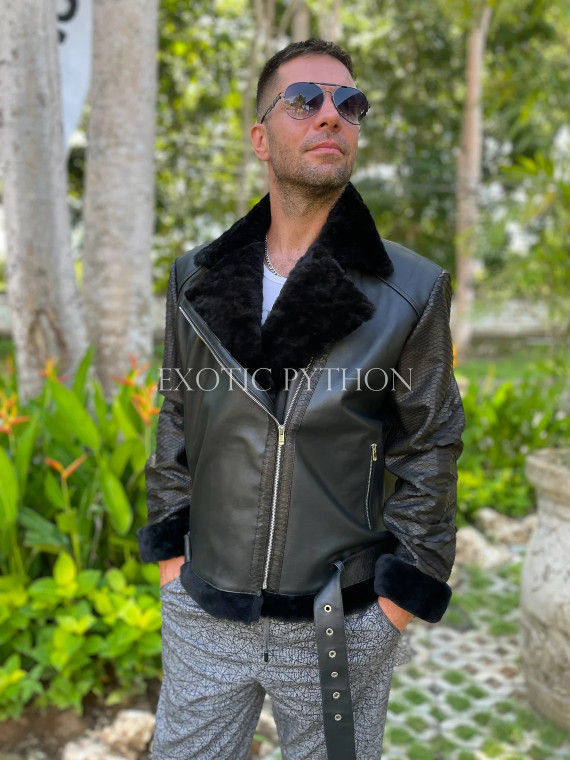 Men's black leather jacket with fur lining JT-104