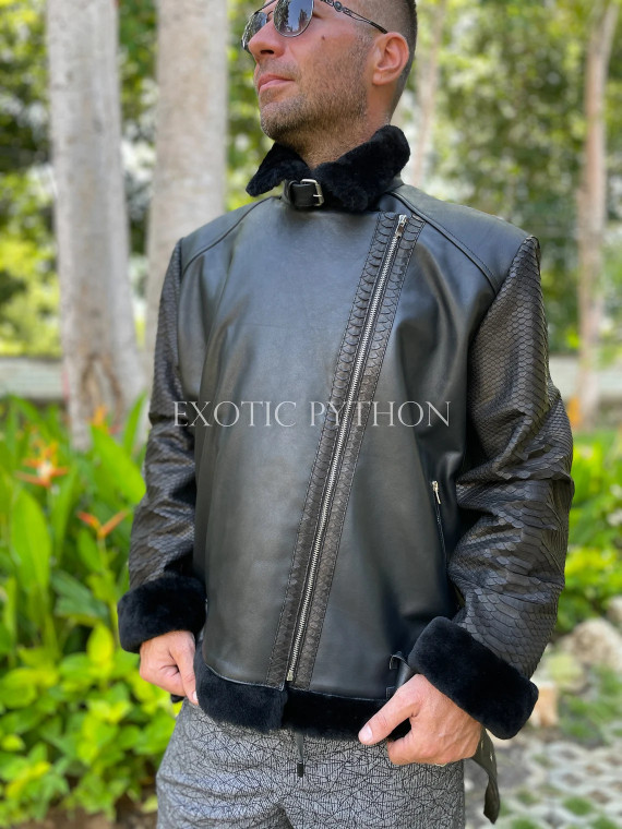 Men's black leather jacket with fur lining JT-104