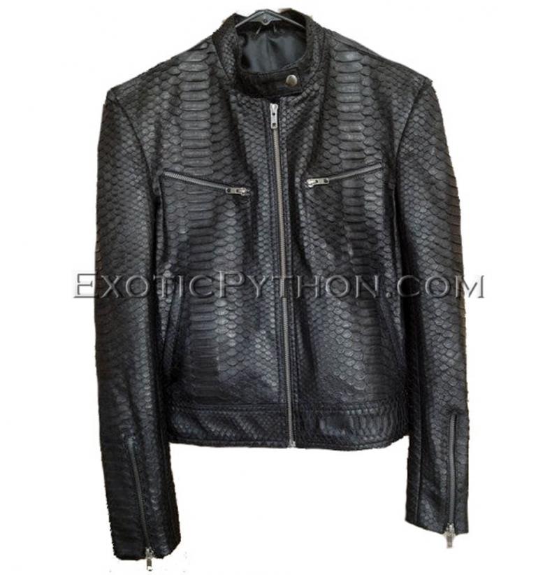 Womens Snakeskin Jacket Python Leather Jacket Black Glossy 